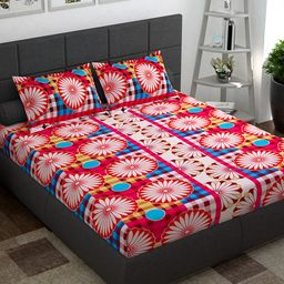story@home Story home Red White Floral 144 TC Cotton Queen Bedsheet with 2 Pillow Covers-picture-26