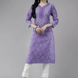 ADA Women Purple & White Ethnic Motifs Embroidered Chikankari Cotton Kurta-picture-8