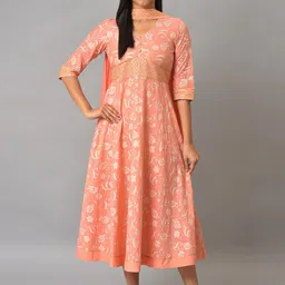 AURELIA Floral Print Sequinned A-Line Pure Cotton Midi Ethnic Dress With Dupatta-image-24