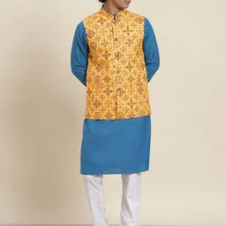 SOJANYA Men Blue Pure Cotton Kurta with Pyjamas & Nehru Jacket-image-86