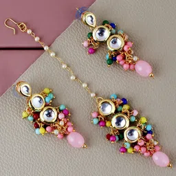 LUCKY JEWELLERY Gold-Plated Kundan Studded Maang Tika & Earrings-picture-27