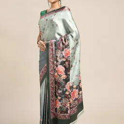 Mitera Lime Green & Peach-Coloured Floral Print Satin Celebrity Saree-image-89
