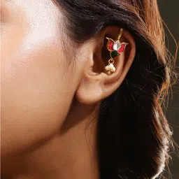 Rubans 22K Gold-Plated Ruby, Emerald & Kundan Lotus Motif Minimal Ear Cuff with Pearl Drop-picture-33