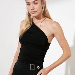 Trendyol Women Black Solid Ruched One-Shoulder Fitted Top-picture-41