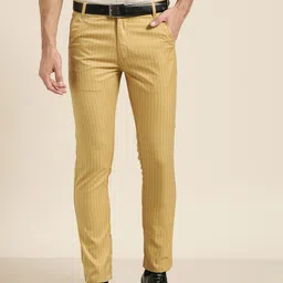 SOJANYA Men Mustard Yellow & Off-White Smart Fit Striped Formal Trousers-picture-17