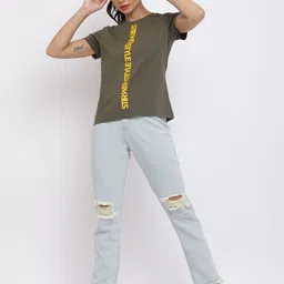 Belliskey Women Olive Green & Yellow Typography Printed T-shirt-image-95