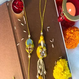 I Jewels Set of 2 Yellow Pearl Studded & Beaded Bhaiya Bhabhi Rakhis-picture-49