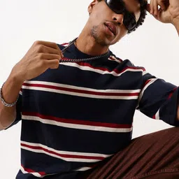 High Star Men Striped Round Neck Pure Cotton Oversized T-shirt-picture-34