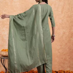 Royal Export Floral Embroidered Round Neck Straight Kurta With Trousers & Dupatta image 4