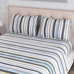 Layers Zen Grey & White Striped 225 TC King Bedsheet with 2 Pillow Covers image 2