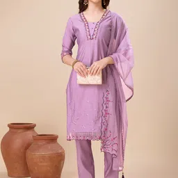 MOJILAA Floral Embroidered Regular Beads and Stones Kurta with Trouser & Dupatta image 5