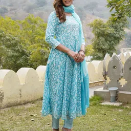 KALINI Floral Printed Round Neck Pure Cotton A-Line Kurta With Trousers & Dupatta image 3