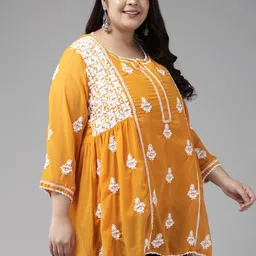 ADA Plus Size Mustard Ethnic Motifs Embroidered Poly Georgette Chikankari Kurti With Slip image 4