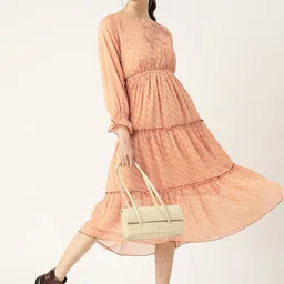Antheaa Women Peach-Coloured & Brown Printed Fit and Flare Tiered Dress With Puff Sleeves image 4
