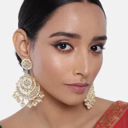 I Jewels Gold-Plated Crescent Shaped Kundan & Pearl Chandbalis Earrings-image-72