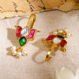Rubans 22K Gold-Plated Ruby, Emerald & Kundan Lotus Motif Minimal Ear Cuff with Pearl Drop image 5