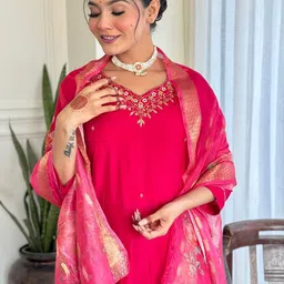 Navlik Floral Yoke Design Sweetheart Neck Sequinned Kurta With Trousers And Dupatta image 3