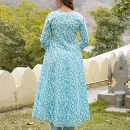 KALINI Floral Printed Round Neck Pure Cotton A-Line Kurta With Trousers & Dupatta image 5
