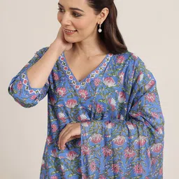 Libas Blue Floral Printed V-Neck Sequinned Straight Kurta With Salwar & Dupatta image 3