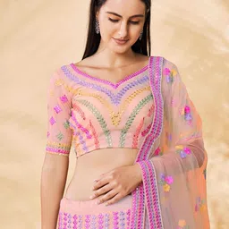 Fusionic Pink & Blue Embroidered Semi-Stitched Lehenga & Unstitched Blouse With Dupatta image 4