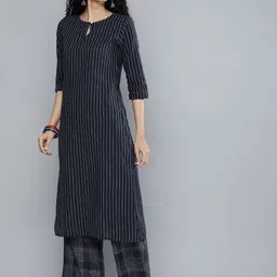 Vishudh Women Navy Blue Printed Pleated Pure Cotton Kurti with Palazzos & With Dupatta image 5