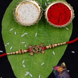Silver Shine Unisex Set Of 2 Om & Bhai Rakhi With Roli Rice & Greeting Card-picture-10