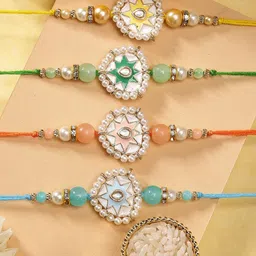 KARATCART Set of 4 Meenakari Heart Shape Kundan Rakhis with Roli & Chawal-picture-45