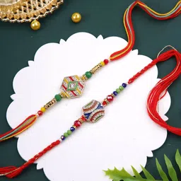 Aapno Rajasthan Set of 2 Beaded Thread Rakhis with Roli Chawal & Greetings Card-picture-23