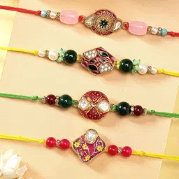 KARATCART Set of 4 Multicolor Meenakari Kundan Rakhis with Roli & Chawal-picture-41