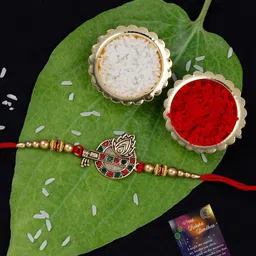 Silver Shine Set Of 2 Gold Toned Rakhis With Roli Rice & Greeting Card-picture-53