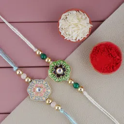 LUCKY JEWELLERY Set Of 2 Gold-Plated Stone-Studded Meenakari Floral Charm Rakhis-picture-27