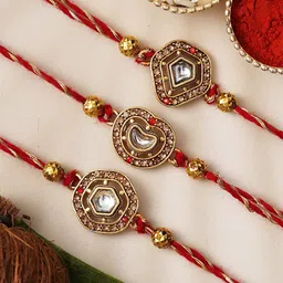 eCraftIndia Set of 3 Kundan Beaded Designer Rakhis for Brothers with Roli Chawal Pack-picture-15
