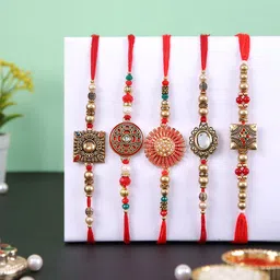 Aapno Rajasthan Set of 5 Beaded Thread Rakhis with Roli Chawal & Greetings Card-image-37