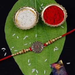 Silver Shine Unisex Set Of 2 Flower & Stone Charm Rakhi With Roli Chawal & Greeting Card-picture-39