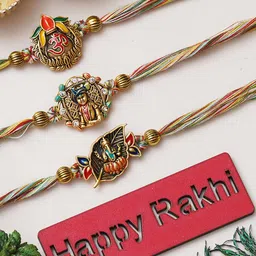 eCraftIndia Set of 3 Lord Ganesha, Lord Krishna & Om Symbol Rakhis with Roli & Chawal-picture-31
