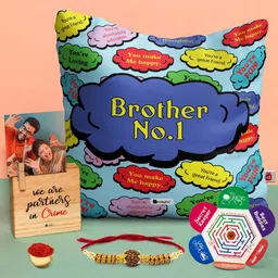Indigifts Brother No.1 Printed Cushion Photo Stand & Rakhi Gift Set-picture-16