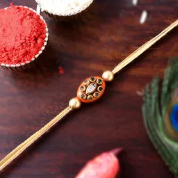 Shoshaa Gold-Toned Orange Kundan Stone Single Bhai Rakhi-picture-17