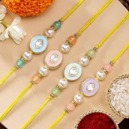KARATCART Set of 4 Multicolor Meenakari Kundan Rakhis with Roli & Chawal-picture-28