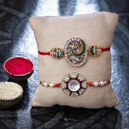 Sukkhi Rakhi Set Of 2 Gold-Plated Stone-Studded Rakhi With Roli, Rice & Greeting Card-picture-51