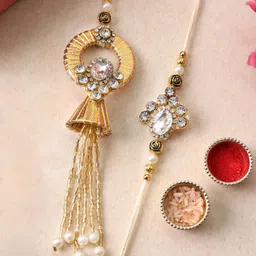 PANASH Set Of 2 Gold Plated Beaded With Stone Studded Thread Rakhis With Roli Chawal-picture-43