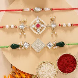 KARATCART Set of 3 Floral Design Pearl Kundan Rakhis With Roli & Chawal-picture-46