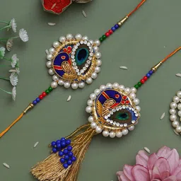 eCraftIndia Beautiful Peacock and Pearls Designer Bhaiya Bhabhi Rakhi Set-picture-19