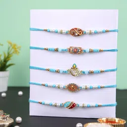 Aapno Rajasthan Set Of 5 Stone Studded & Beaded Rakhis With Rholi Chawal & Greeting Card-picture-52