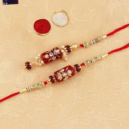 Silver Shine Set Of 3 Rakhi For Bhaiya Bhabhi & Roli Chawal Card Pooja Thali Gift Set-picture-50