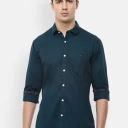 Louis Philippe Jeans Men Teal Blue Slim Fit Solid Pure Cotton Casual Shirt-picture-18