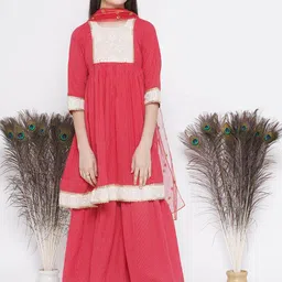 Little Bansi Girls Striped Anarkali Pure Cotton Kurta With Sharara & Dupatta-picture-47