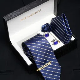 MUTAQINOTI Men Stripes Blue Silk Blend Necktie Accessory Gift Set-picture-14