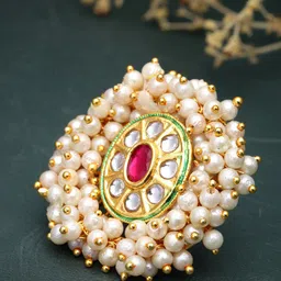 Sanjog Gold-Plated Kundan Pearl Beaded Stone Adjustable Finger Ring-picture-40