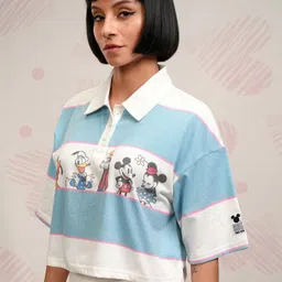 Tokyo Talkies Women Graphic Printed Polo Collar Cotton Boxy Mickey & Friends T-shirt-image-44