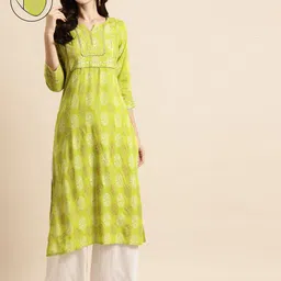RANGMAYEE Women Yellow Floral Printed Gotta Patti Floral Liva Kurta-image-31